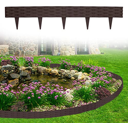 VA-Cerulean Kunststoff Rasenkante,20M Rattan-Optik Beeteinfassung,Beetumrandung Palisade,Gartenpalisade,Beetzaun,Randsteine,Braun,1 Element (L x H): 100 x 20cm,20 Stück