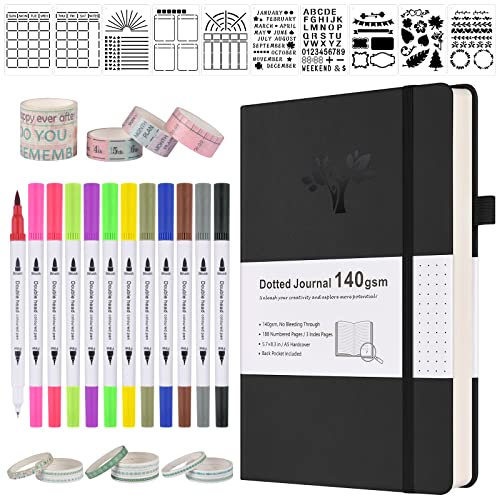 Bullet Dotted Journal Kit, 140 gm² Hardcover A5 gepunktetes Tagebuch mit 188 nummerierten Seiten und 3 Index, 12 Pinselstifte, Doppelspitze, 10 Schablonen und 14 WashiKlebeband für Frauen, Männer,
