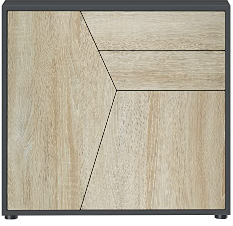 Vladon Buffet Benny, Commode avec 2 Portes et 2 tiroirs, Noir Mat/Chêne Brut (79 x 74 x 36 cm)