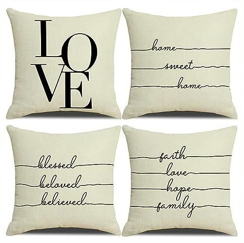 Kissenbezug 40x40 Love, Kissenhülle Leinen Beige Kissenbezüge Creme Kissenhüllen 4 Stück Zierkissenbezüge Set Sofakissenbezüge Leinen Home Sweet Home
