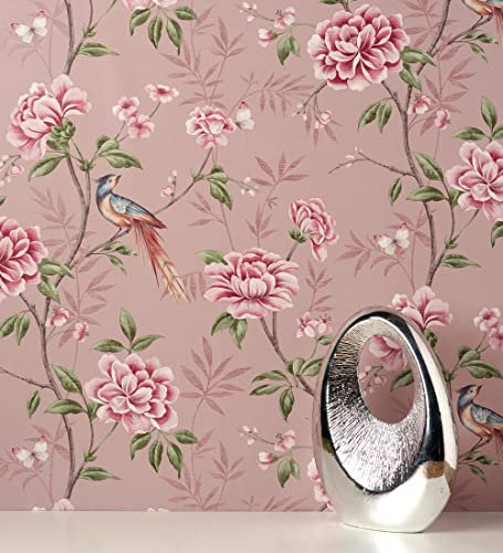 GAULAN 681990 Papier peint d'oiseaux et fleurs sur fond texturé effect fibre végétale rose pour mur salon cuisine bain chambre salle à mange tête de - Rouleaux de 10 m x 0,52 m