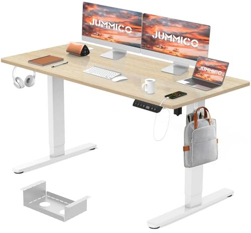 JUMMICO Electric Standing Desk 140x70 cm with Charging Port, Height Adjustable Computer Desk with Cable Tray,Ergonomic Sit Stand up Desk Rising Table Home Office Furniture, Beige