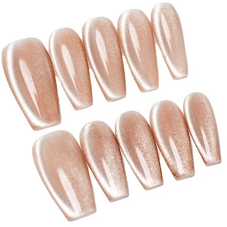 Sun&Beam Nails Handmade Press-on Medium Long Coffin Ballerina Nude Beige Magnet Solid Color glossy Design Fashion False Nail Tips 10 Pcs Set (#086 S)
