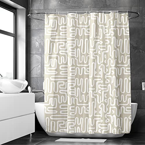 Encasa XO Rideaux de Douche de Salle de Bain | Tissu imperméable de qualité Plus Lourde | 180x180 cm | 10 Crochets gratuits Inclus - Bohème Labyrinthe Beige
