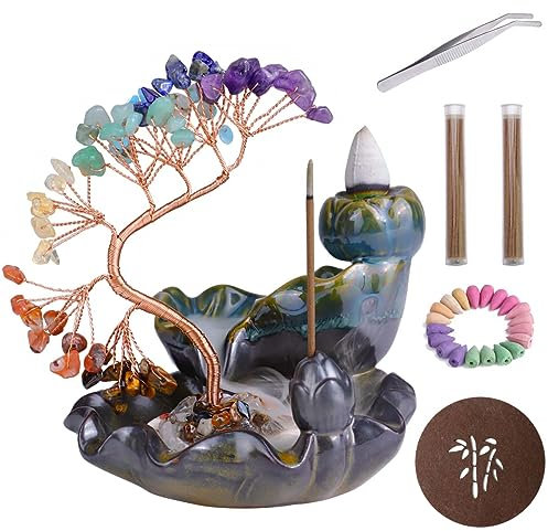 Quemador de Incienso Cascada, Porta Incienso Reflujo con Árbol de Cristales, Soporte para Varillas de Incienso 7 Chakras con 60 Conos de Incienso, 30 Varillas de Incienso, Ornamento para Aromaterapia