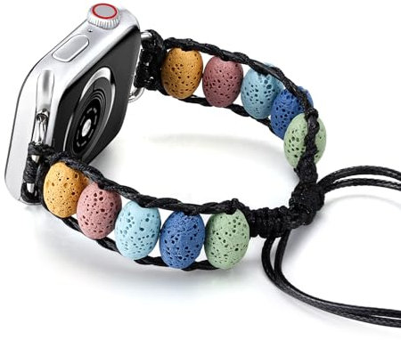 CHARMINGO Beaded Bracelet Compatible with Apple Watch Band 42mm 44mm 45mm 46mm 49mm for Women, Colorful Lava Stone Healing Bracelet for iWatch Band SE Series 10 9 8 7 6 5 4 3 2 1 Ultra 2 - Colorful