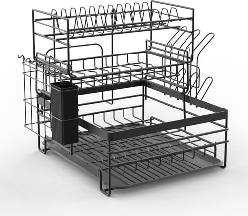TOPWE Egouttoir Vaisselle 3 Niveaux, Égouttoir à Vaisselle en Acier Inoxydable, Égouttoir Vaisselle sur evier avec bac D'égouttage, Amovible Egouttoirs pour Comptoir Cuisine, 37 x 33 x 35 cm, Noir