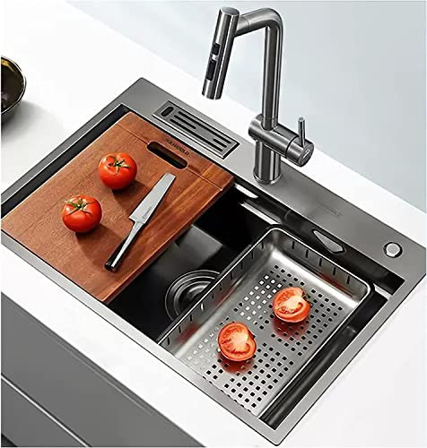 Fregadero De Barra De Cocina De 78x48 Cm con Grifo Extraíble, Cesta De Drenaje, Estante para Cuchillos Y Kits De Instalación, Fregadero De Cocina Grande De Un Seno De Acero Inoxidable 304 Ba