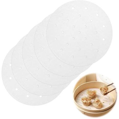 200 Piezas Papel de Hornear Redondo Perforado, 20cm Papel de Vaporizador, Perforado Papel de Pergamino de Aceite Antiadherente, Papel de Pergamino Perforado Redondo para Vaporizador de Bambú Horno