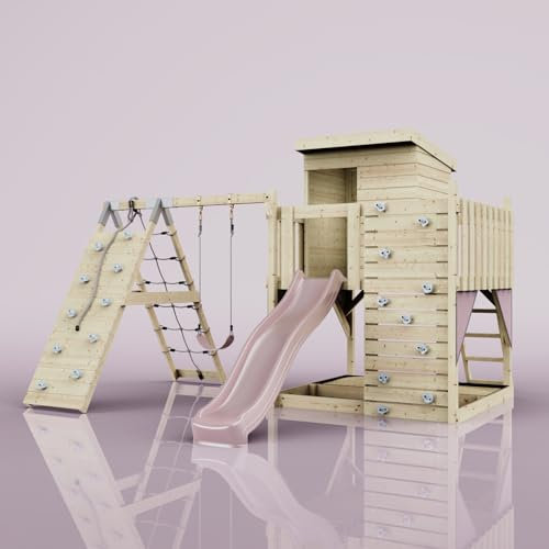 PolarPlay Spielturm Freja aus Holz in Rosa Kinderschaukel