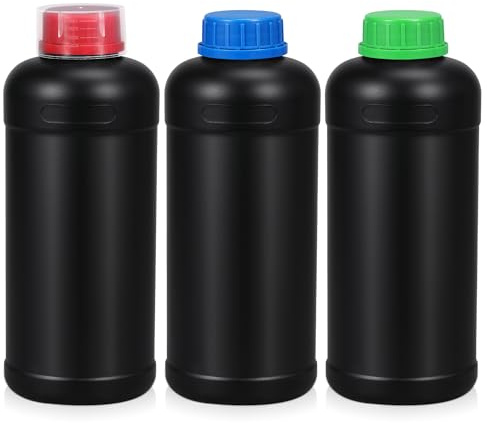 ASEVAT Lot de 3 bouteilles de stockage de produits chimiques pour chambre noire - 1000 ml - En plastique - Pour le développement de photos et de films - Avec bouchons - Noir
