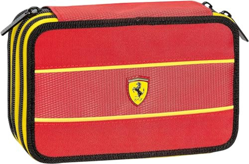 Clondo Dreifach Fefülltes Federmäppchen für Kinder, für Ferrari Rot Fans, Mädchen, Jungen, 45 Schulutensilien, 3 Reißverschlüsse, organisierte Fächer, Buntstifte, Filzstifte, Kleber, Schere