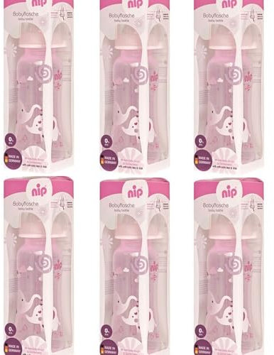 NIP PP Flasche 6er Set, Standardbabyflasche 250 ml, angenehm weiches PP,kiefergerechter Sauger Silikon Anti-Kolik Ventil Größe M (Milch/ab 0 Monate) inkl. Verschlußplättchen