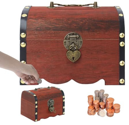Gwezmxs Sparbüchsen, Abschließbar Spardose, Sparschwein mit Schloss und Schlüsseln, Vintage Holz Schatztruhe mit Deckel, Erwachsene Kinder Sparkasse Bank Geschenk, Money Bank 17.5 * 13.5 * 13.5CM