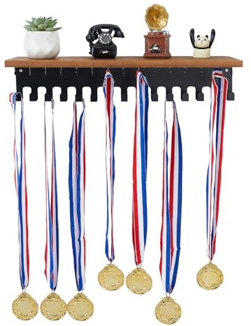 SUPERDANT Porta Medaglie da Parete in Legno e Mensola per Trofei Espositore per Medaglie con 30 Gancio Espositore Porta Medaglie Espositore da Parete per Medaglie Regali per Atleti
