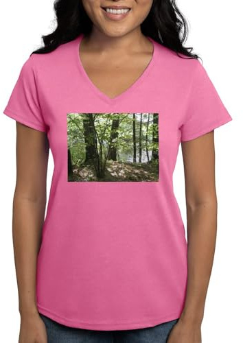 CafePress Lake Through The Woods T Shirt Womens Cotton V-Neck T-Shirt Azalea