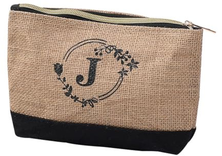 Trousse de Maquillage personnalisée A-Z, Trousse de Maquillage en Jute Petit Sac à cosmétiques pour Femmes Trousse de Toilette de Voyage Portable pour Sac à Main Cadeau de Remerciement (J)