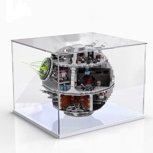 Transparente Acryl-Vitrine für LEGO 75159 Raumstation Todesstern-Displaybox, Baustein-Sammlerstücke, transparente, staubdichte Vitrine, Aufbewahrungsbox (nur Gehäuse) (weißer Boden)