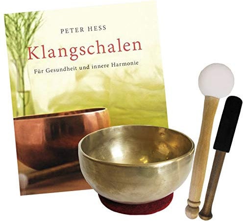 Therapie KLANGSCHALE 300-400g + BUCH Peter Hess 5-tlg Klangmassage SET. UNIVERSALSCHALE Handarbeit NEPAL. 2 x Klöppel + ZUBEHÖR. 70192-22
