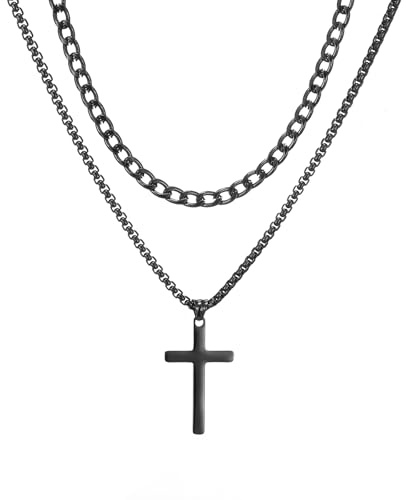 AFSTALR Cross Necklace Men, 2PCS Silver/Gold/Black Stainless Steel Cuban Chain and Box Chain with Cross Pendant, Jewelry Gifts for Men Women