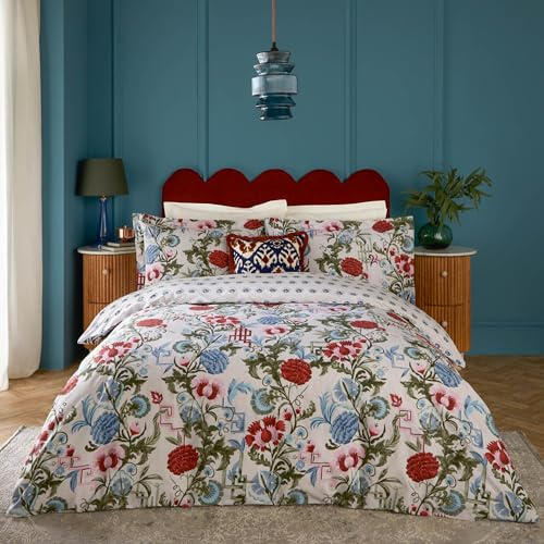 Paoletti Ishana Duvet Cover Set – Reversible Botanical Floral Cotton Rich Oxford Trim Bedding (Red Currant/French Blue – Double – 200x200cm)