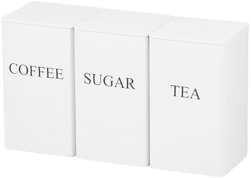 MENIBBLER 3Pcs Tea Coffee Sugar Canisters, Metal Coffee and Sugar Containers, Versatile Kitchen Storage Jars with Airtight Lids, Decorative Storage Tins for Home Kitchen (White)