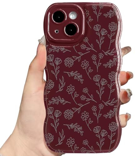 NITITOP Compatible with iPhone 15 Case Cute Flower Curly Wave Floral Leaves Design for Women Girls Wavy Frame Artistic Soft TPU Shockproof Protective Full Camera Protection Cover - Wine Red