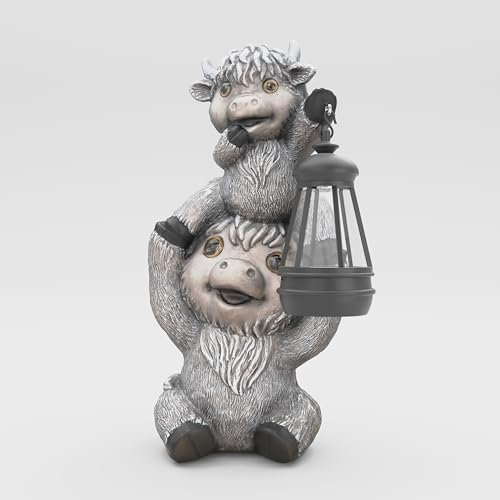 mikilov Schottisches Hochlandrind Harz Statue mit Solar Laterne Deko,Garten Home Decor, Skulptur Ornament, Tierfigur für Balkon Garten,Geburtstag (silbergrau2)