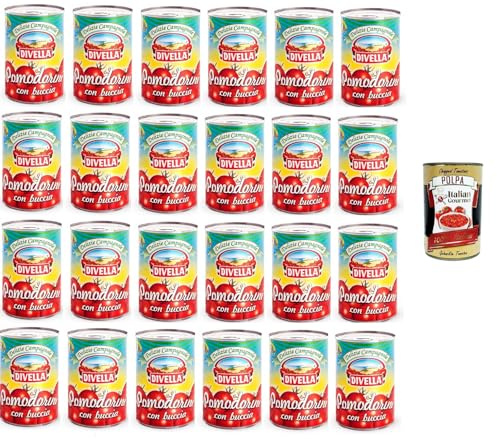 Divella Pomodorini con Buccia Con apertura a Strappo - Tomates cereza con bandeja y apertura para abrir 24 x 400 gr+polpa italiana gourmet 400 g