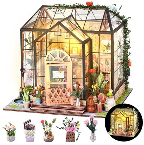 Maison de Poupée en Bois Miniature, Maison a Construire Kit,DIY Miniature De Jardin House avec Meubles et Lumière LED, Cadeau de Bricolage pour Adultes Enfant(Serre de Jardin)