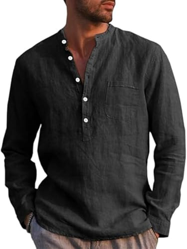 Runcati Camisa de lino para hombre, manga larga, algodón, lino, camisa de ocio, corte regular, para playa, verano