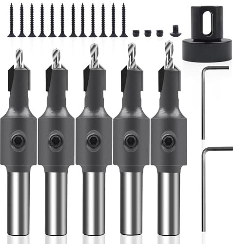 Juego de brocas avellanadas para madera, 5 piezas, para carpintería con anillo limitador y 2 llaves, 3 tornillos pequeños, 1 tornillo grande y 12 tornillos