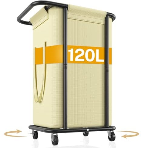 VASZOLA 120L großer Wäschekorb mit Rollen, Schmutzwäschekorb mit abnehmbarer Segeltuchtasche, robuster, stabiler Wäschewagen aus Metall Wäschewagen für Badezimmer, Waschküche, Schlafzimmer, Beige