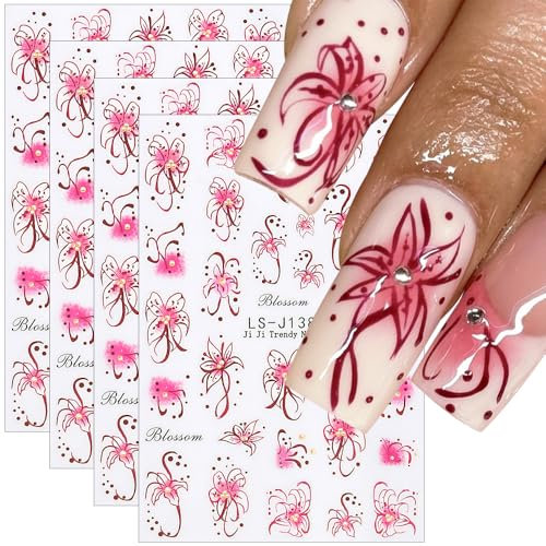 Lot de 4 feuilles d'autocollants pour ongles - Motif fleurs de lys - Pour le printemps et l'été - Blanc et rose