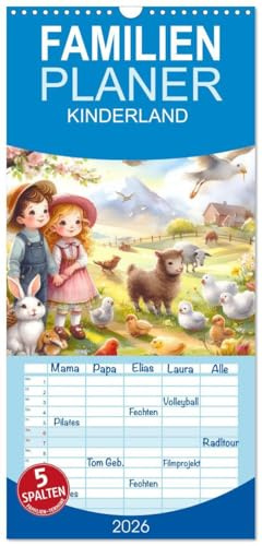 Familienplaner 2026 - KINDERLAND mit 5 Spalten (Wandkalender, 21 cm x 45 cm), CALVENDO: Farbenfrohe Landschaftsaqurelle mit Kindern (CALVENDO Menschen)