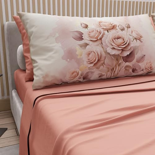 PETTI Artigiani Italiani - Lenzuola Matrimoniali Cotone con Federe in Stampa Digitale, Lenzuolo Completo Letto Matrimoniale Maxi Fantasia Floreale Rosa Cipria, 100% Made in Italy
