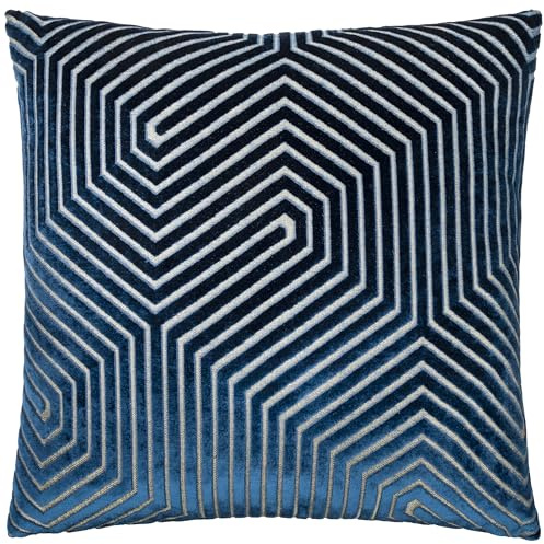 Paoletti Evoke Velvet Feather Filled Cushion – Luxurious Chevron Pattern Decorative Square Pillow With Filling (Navy - 55x55cm)