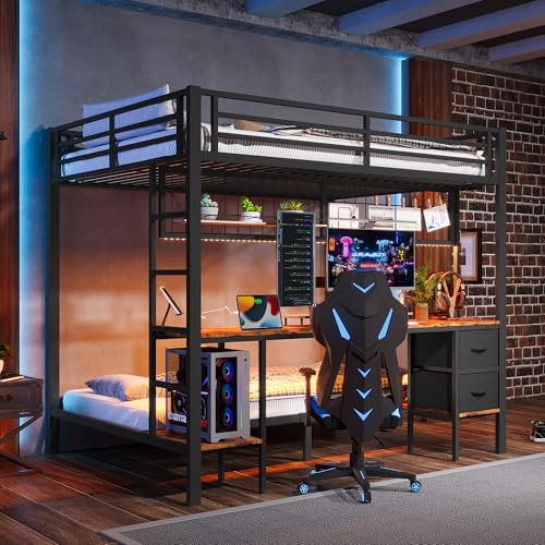 OOIILLEE lit Mezzanine 2 Places avec Bureau, Port USB, Bande LED 7 Couleurs, 2 tiroirs et étagères, lit superposé 90x200 et 140x200 en Métal avec Barriere, pour Enfants, Adolescents et Adultes, Nior