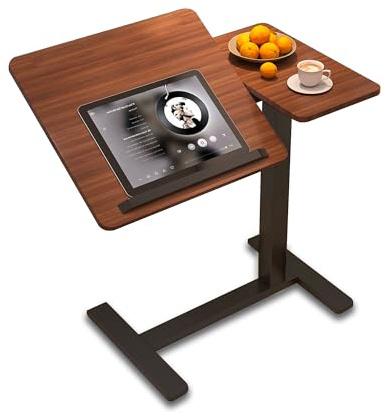 YunMeoCool C Shaped Side Table Adjustable Height with Hidden Wheels, Dual Pneumatic Lift & Tilt Top, (60x40cm) Mobile Overbed Table That Slide Under, Sofa End Desk for Hospital Home Office (Walnut)