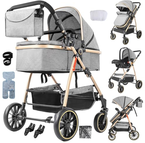 Reenborn Kinderwagen 3 in 1, Buggy mit Ein-Klick-Faltdesign, Kinderwagen mit Zwei Umkehrbaren Schiebemodi, Kombikinderwagen 3 in 1 Komplettset mit Rahmen Aluminiumlegierung (V8 Grey)