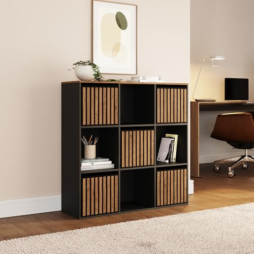 GFW Kube Cube 3x3 Storage Unit, Black & Walnut Effect Shelving Unit with Open & Hidden Storage