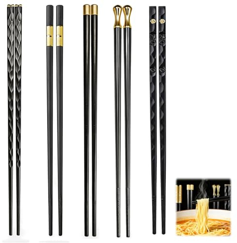 Lot 5 Paires Baguettes Chinoises Noir Or Alliage Réutilisables Cuisine | Design simple élégant, sushi nouilles, cadeau famille, Japonaises style, metallique couleur asiatique repas table
