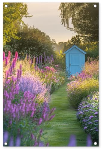 MuchoWow© Gartenposter Outdoor Bilder Gartendeko für draußen Wetterfest | 60x90 cm - Garten Deko Terrasendeko Banner Draußen Bild Dekoration Gartenhäuschen - Blau - Blumen