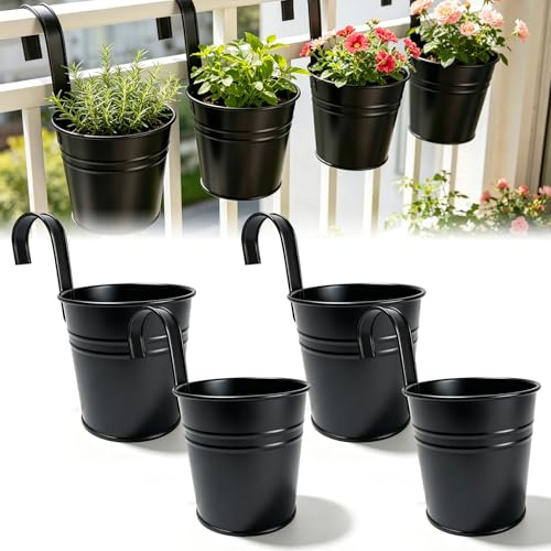 4 Stück Hängebkorb Blumentopf mit abnehmbaren Griff & Ablaufloch, 16cm hoch | Blumentöpfe zum Aufhängen, Balkon Blumentopf, Blumentopfe Metall, Tolle Blumentöpfe, Hängetöpfe für Garten, Balkon, Wohndekor