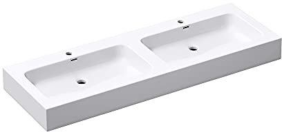 Mai & Mai Double Lavabo Suspendu Blanc 140cm Vasque à Poser Pour 2 Évier Lave Mains Salle de Bain avec Trop-Plein Col830