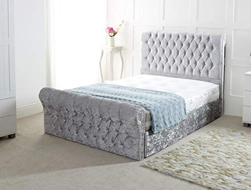 Chesterfield Sleigh Bed in Crushed Velvet |Bed Frame Only (4FT Small Double, Silver)