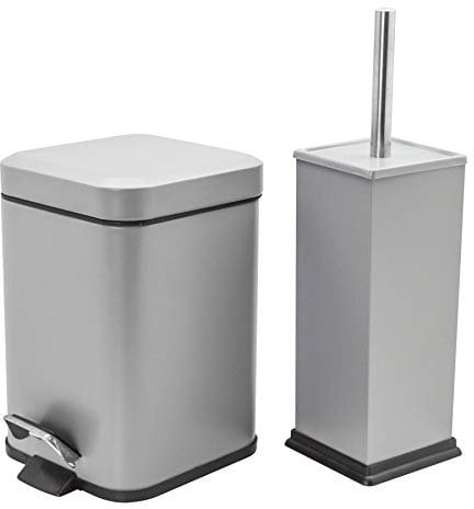 Harbour Housewares Bathroom Bin & Brush Set - Grey - 2pc Square Stainless Steel Pedal Bin & Toilet Brush Set Slim Small Trashcan for Kitchen Waste, Bathroom Rubbish