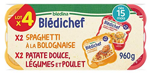 Blédina - Blédichef - Repas Bébé 15 Mois - 12 Plats Spaghetti Bolognaise - 12 Plats Patate Douce Légumes Poulet - Petits Morceaux - Dès 15 Mois - 24 Assiettes