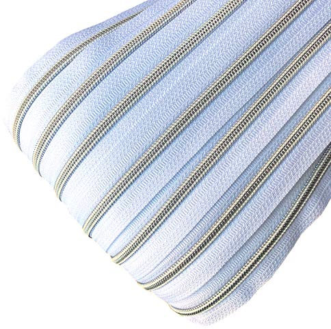 Schnoschi - Cerniera con Effetto Arcobaleno, Binario di Scorrimento da 5 mm + 2 Zip, Chiusura Lampo a Spirale, Poliammide, Bianco-Argento, 6 Meter + 15 Zipper