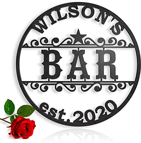 Personalisierter Name Bar-Schild, Wanddekoration, Geschenk für Vater, Wandschild, Metall Plakette, Blechschild, Vatertagsgeschenk, Custom Saloon Bar, Dekoschild, Türschild, Hausbar (Durchmesser 40cm)